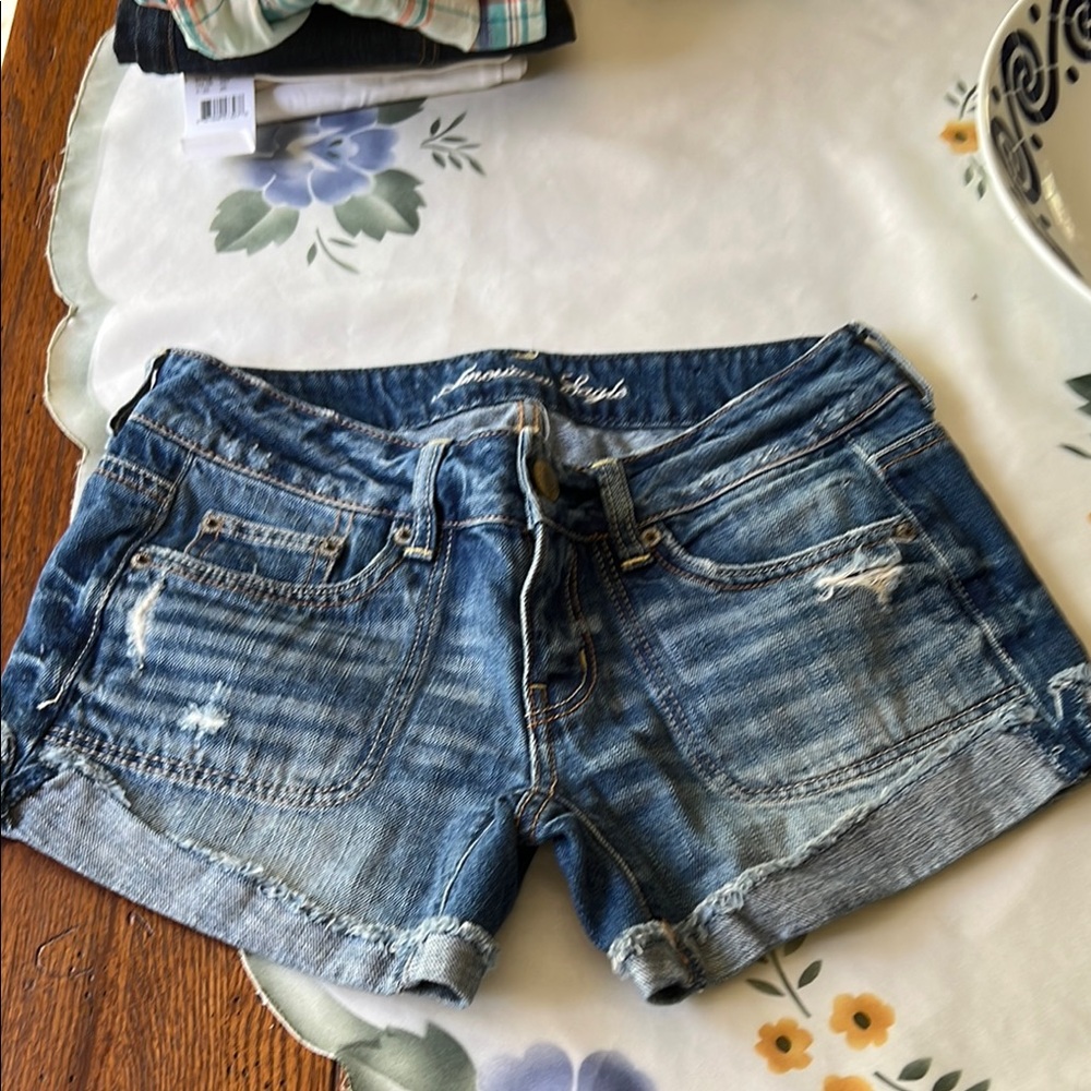 American Eagle Outfitters Blue Jean Shorts with Distressed Look